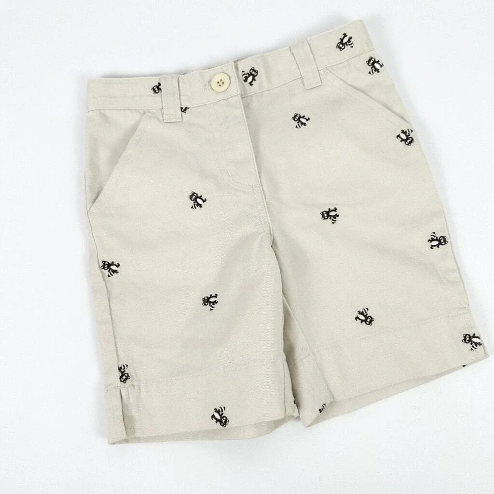 LL Bean Bermuda Shorts Girls Size 4‎ Khaki Raccoon Embroidered Cotton Twill NWT